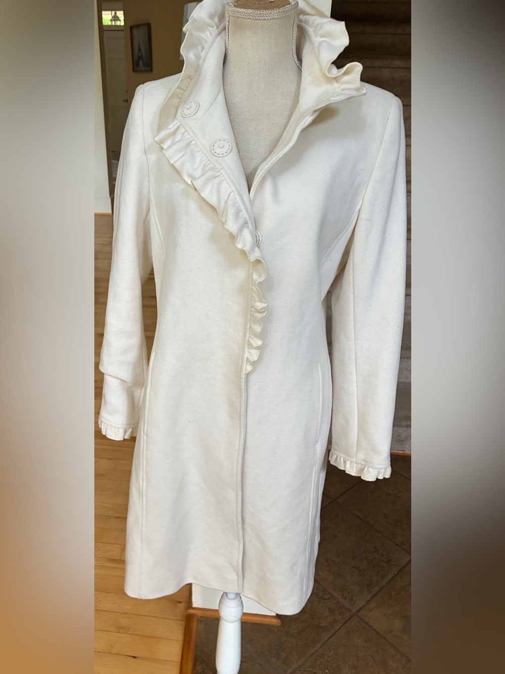 DKNYC Wool Blend Cream Ruffle-Trim Long Trench Coat